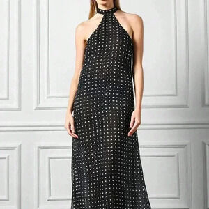 Black Elegant Women's Sheer Spot Halter Maxi Dress